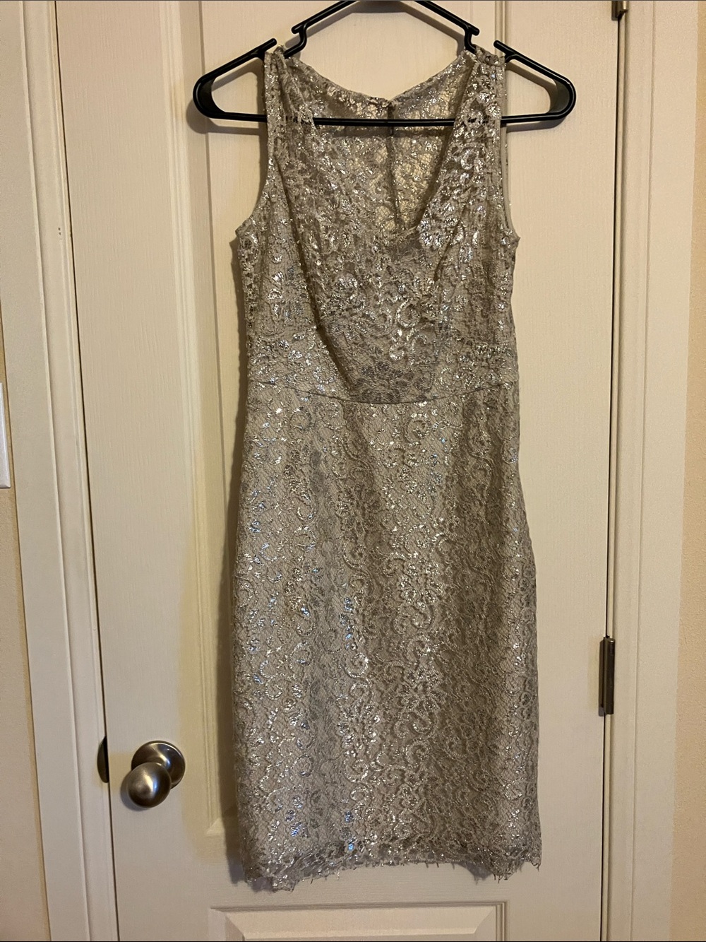 BCBGMaxAzria Silver Lace Sleeveless Midi Dress